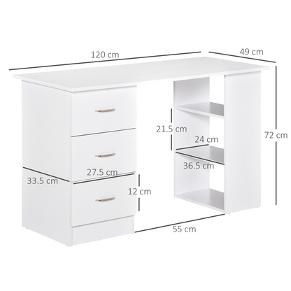 120cm White Computer Desk with 3 Shelves & Drawers - PC Table