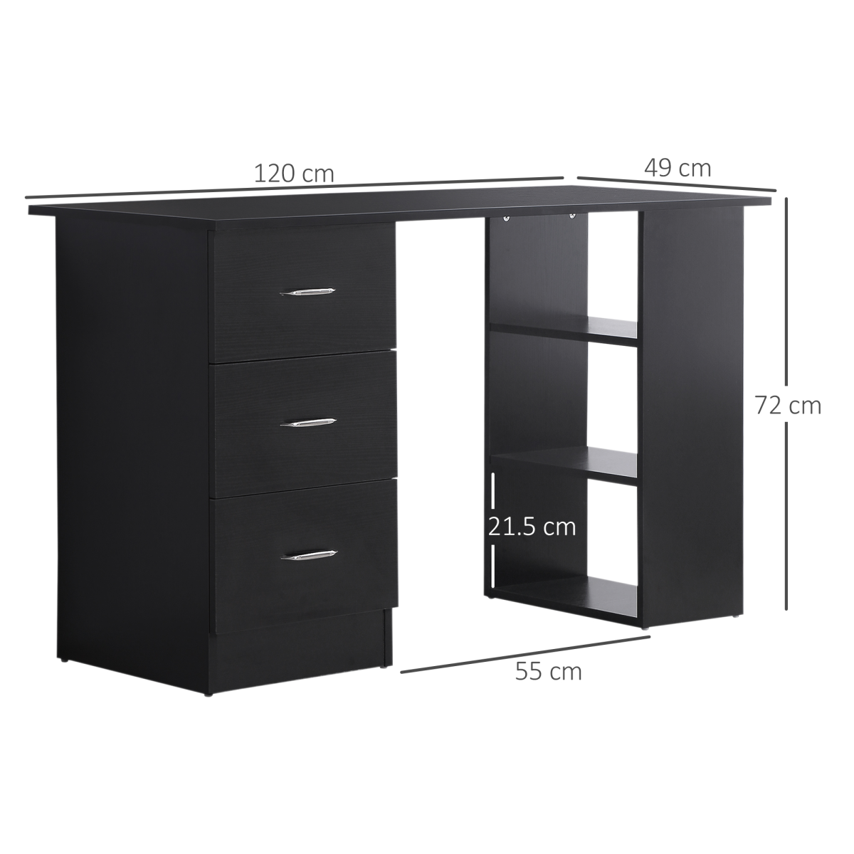 120cm Black Computer Desk with 3-Shelf Storage & Drawers