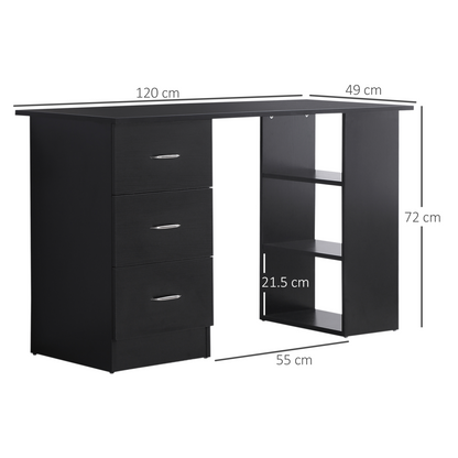 120cm Black Computer Desk with 3-Shelf Storage & Drawers