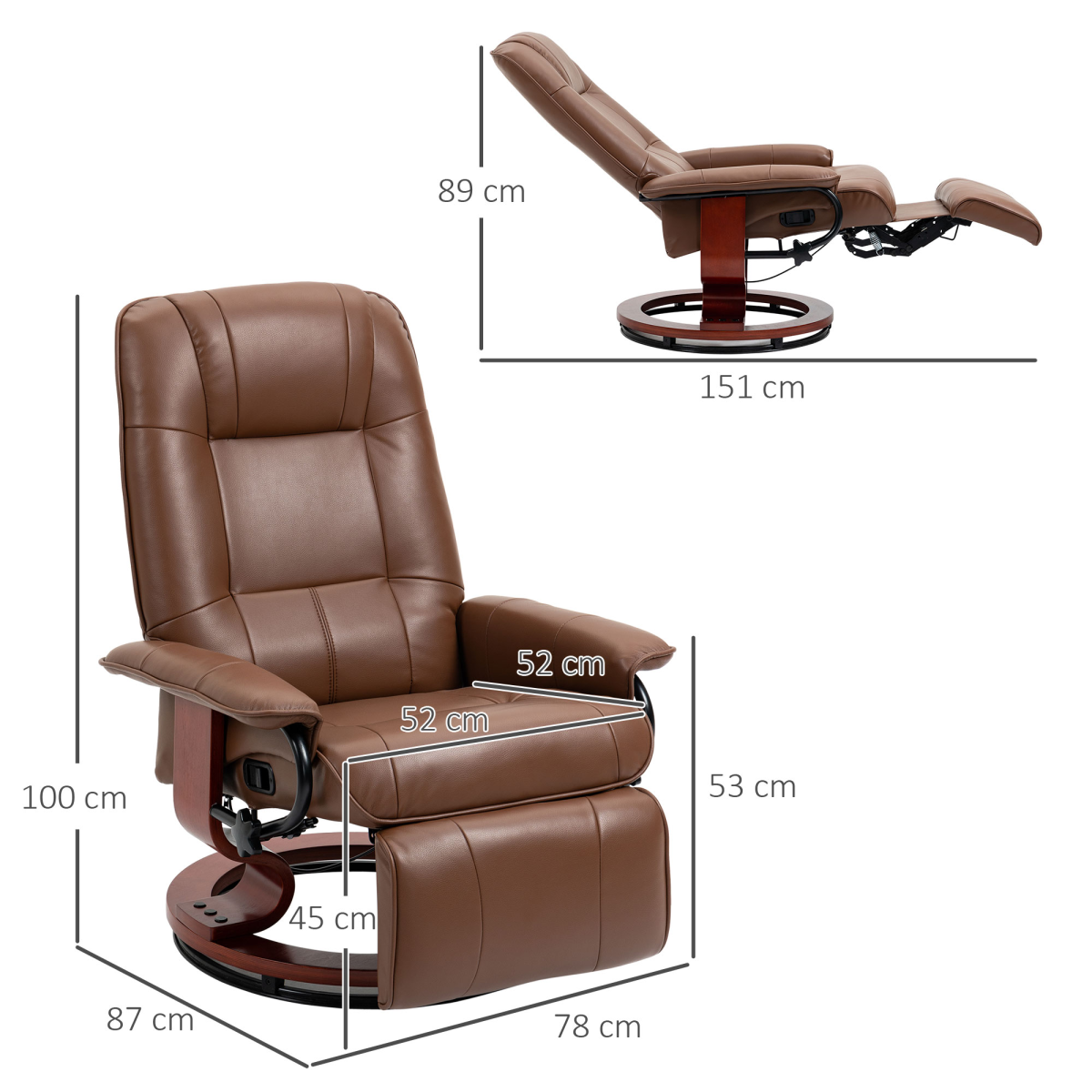 HOMCOM Ergonomic Office Recliner Sofa Chair PU Leather Armchair Lounger Brown