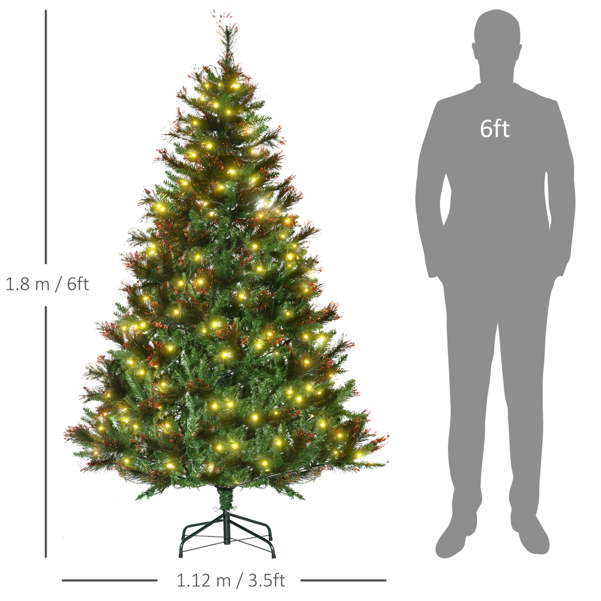 HOMCOM 6ft Pre-Lit Christmas Spruce Tree - 200 LED Lights, Gold Tips