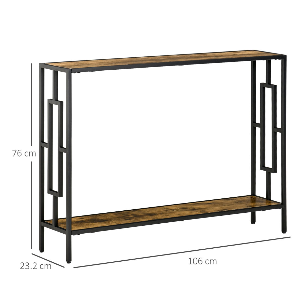 Industrial Console Table with Metal Frame - Rustic Brown/Black, 2 Shelves
