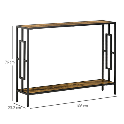 Industrial Console Table with Metal Frame - Rustic Brown/Black, 2 Shelves