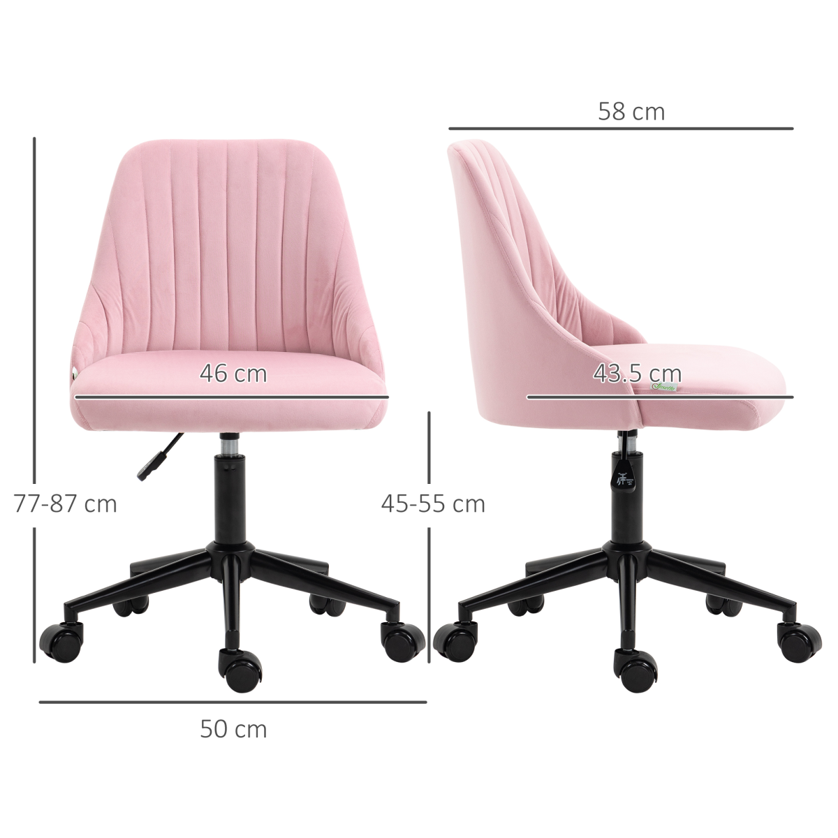 Vinsetto Velvet Office Chair with Adjustable Height and Wheels, Pink