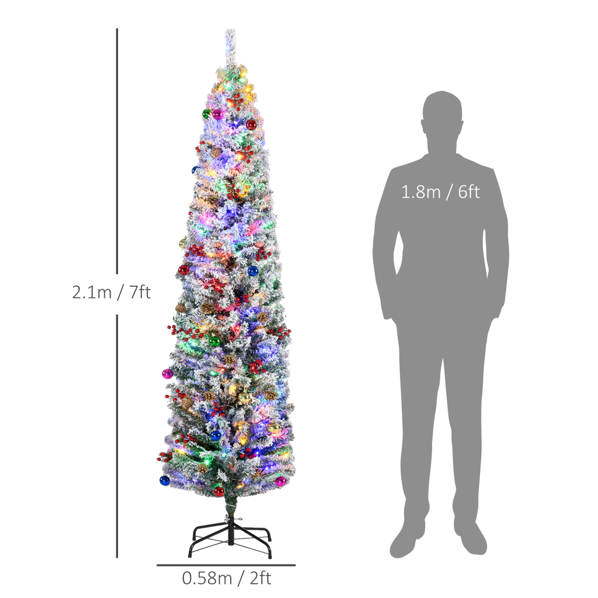 HOMCOM 7' Flocked Artificial Christmas Tree with LED Lights & Decor