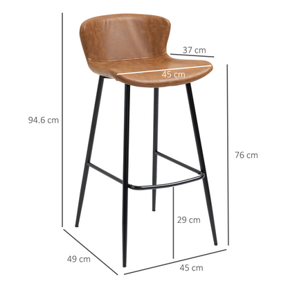 HOMCOM Bar Stools Set of 2, PU Leather Bar Chairs with Back and Steel Legs