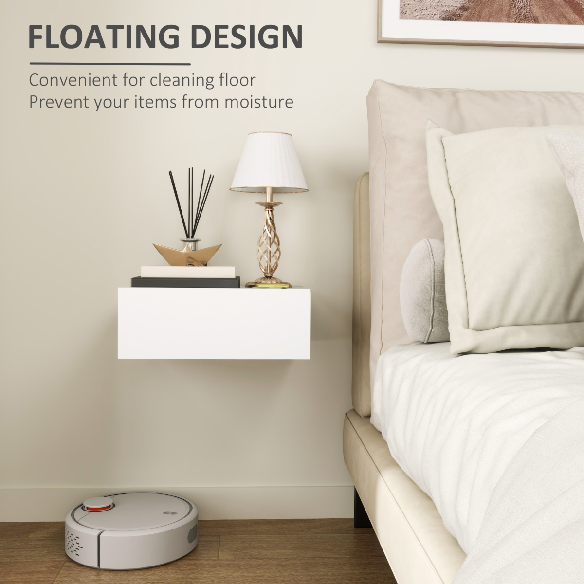 HOMCOM Floating Bedside Table, Wall-Mounted Side Table for Bedroom, White