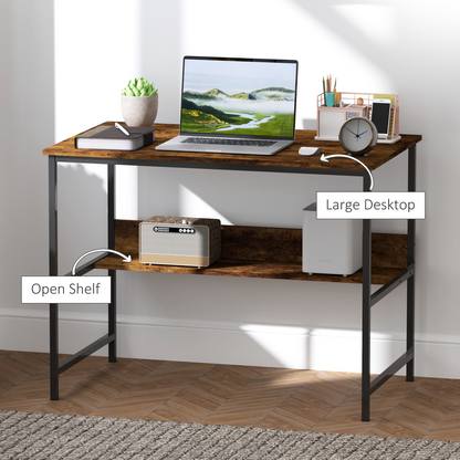 HOMCOM Rustic Brown 2-Tier Writing Desk with Metal Frame & Storage Shelf