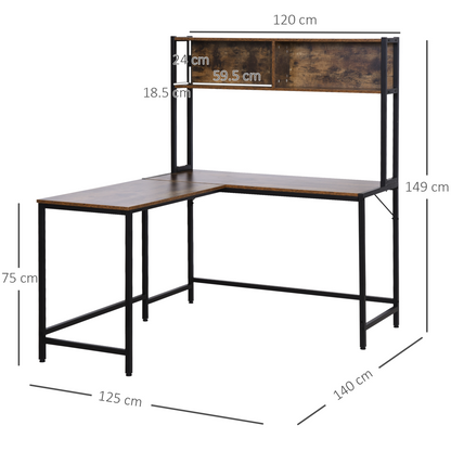 Industrial L-Shaped Desk with Shelf, 149x140x125cm, Brown & Black