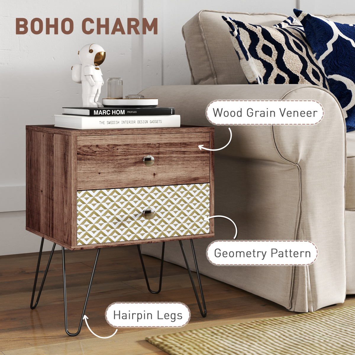 Chic Boho Style Bedside Table with Storage - Brown Wood Effect Design