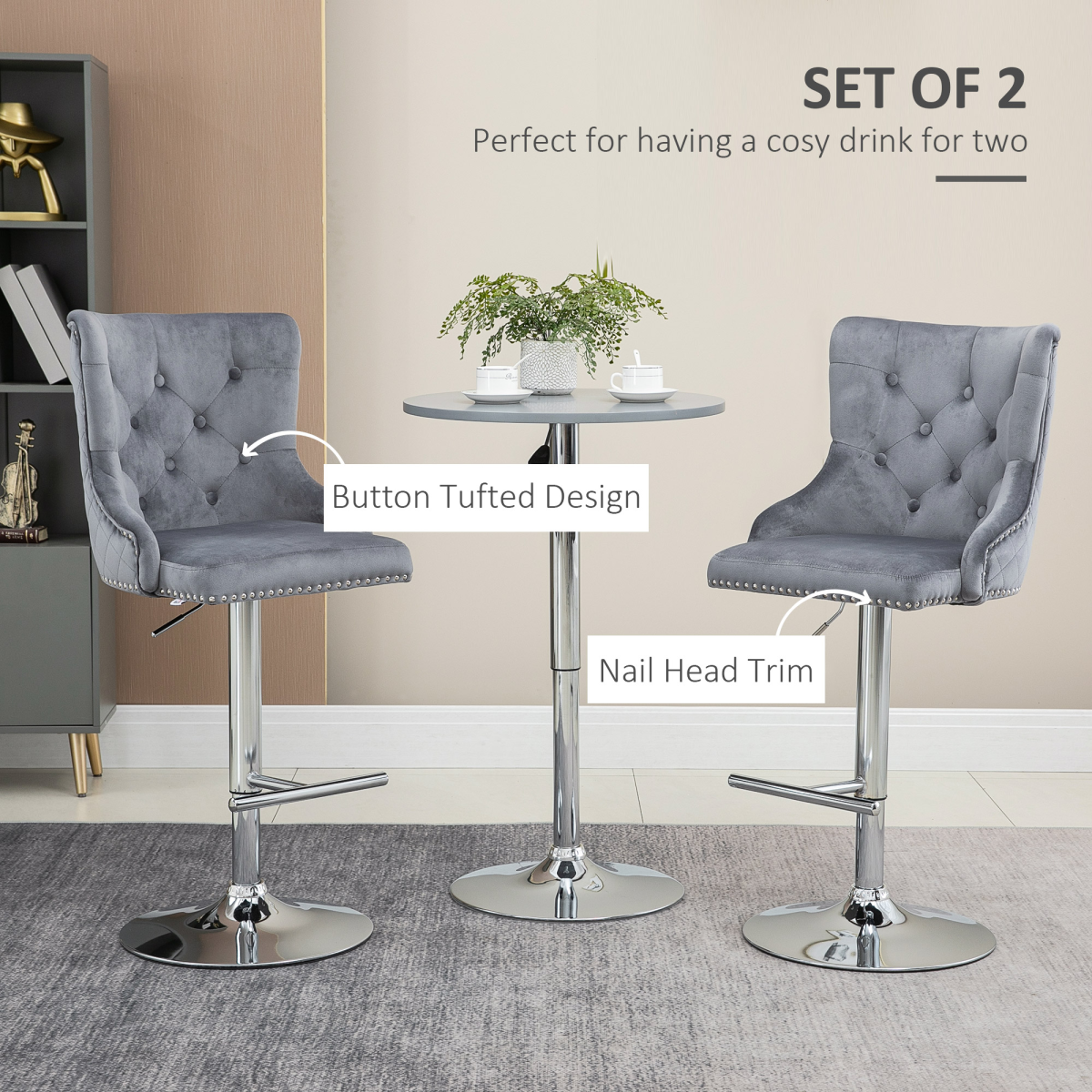 HOMCOM Adjustable Bar Stools Set of 2, Swivel Bar Chairs w/ Back Footrest, Grey