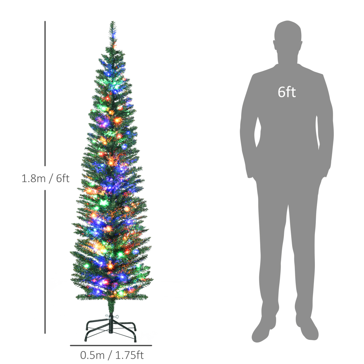 HOMCOM 6ft Pencil Xmas Tree with Colorful LED Lights & Steel Base
