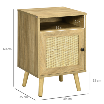 HOMCOM Nightstand, Rattan Bedside Table w/ Cabinet, Shelf, Natural