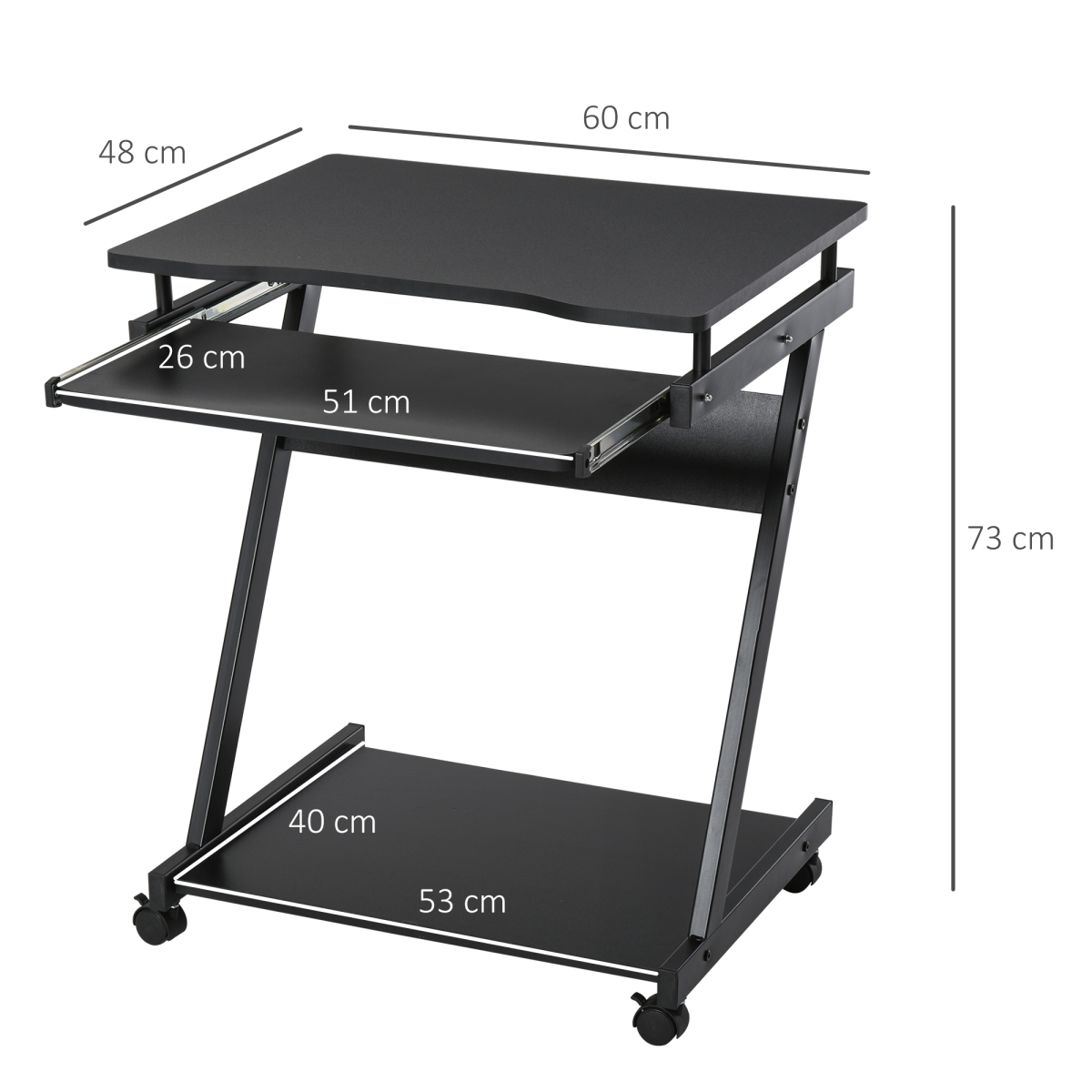 Rolling Computer Desk with Sliding Keyboard Tray - Black, 4 Wheels