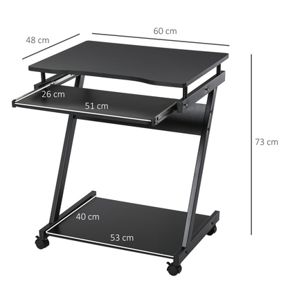 Rolling Computer Desk with Sliding Keyboard Tray - Black, 4 Wheels