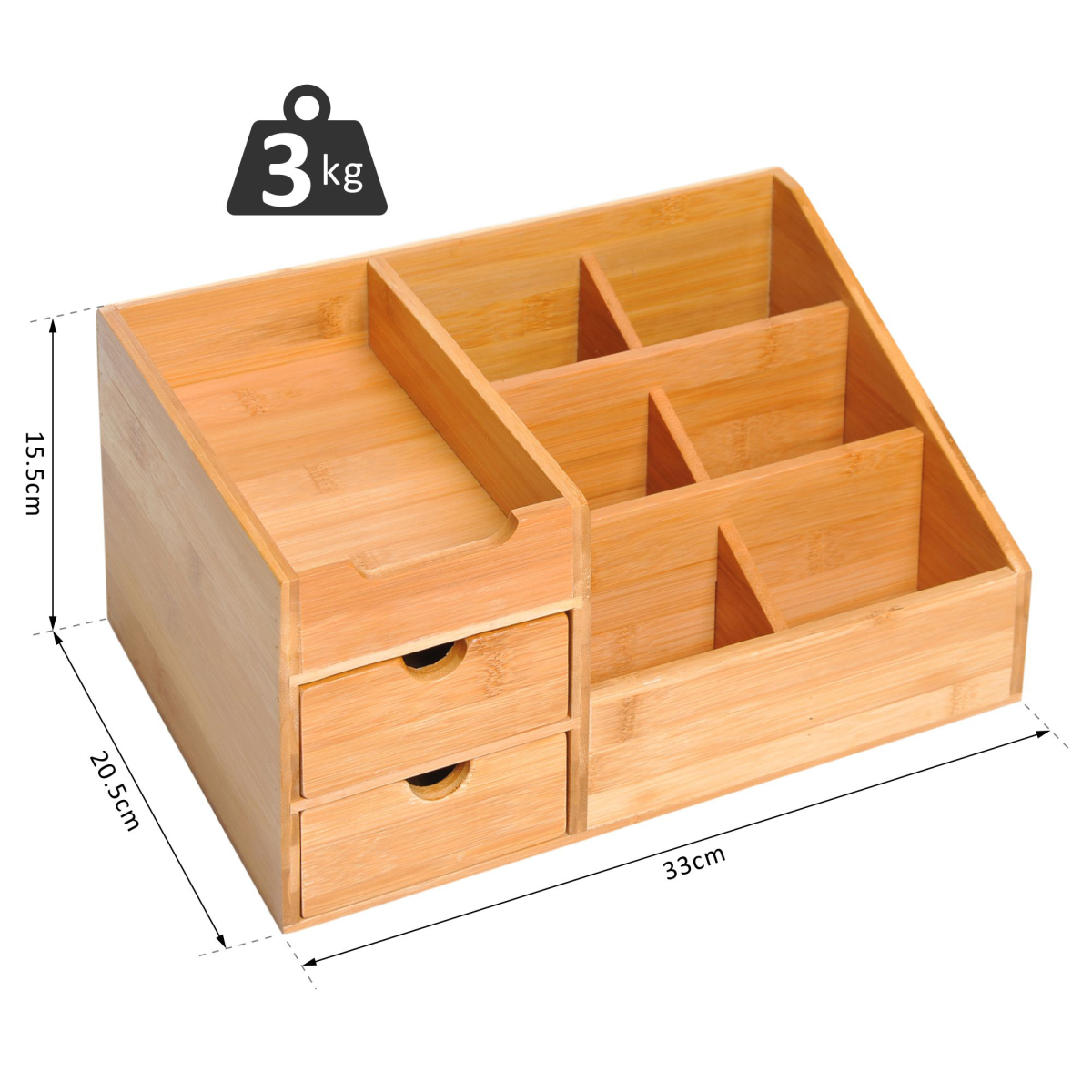 Eco Bamboo Desk Organizer - 2 Drawers, 7 Compartments