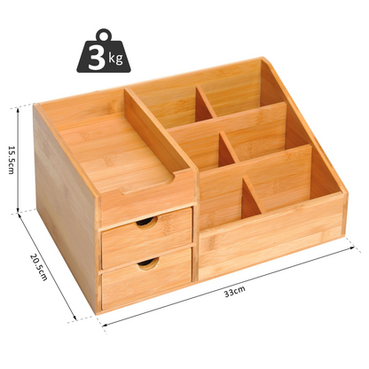 Eco Bamboo Desk Organizer - 2 Drawers, 7 Compartments