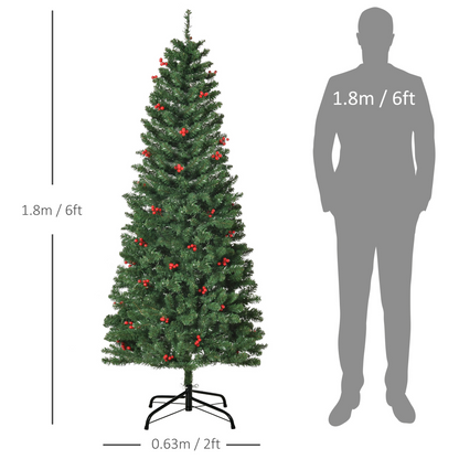 6FT Prelit Pencil Christmas Tree - Warm White LEDs, Red Berry Accents