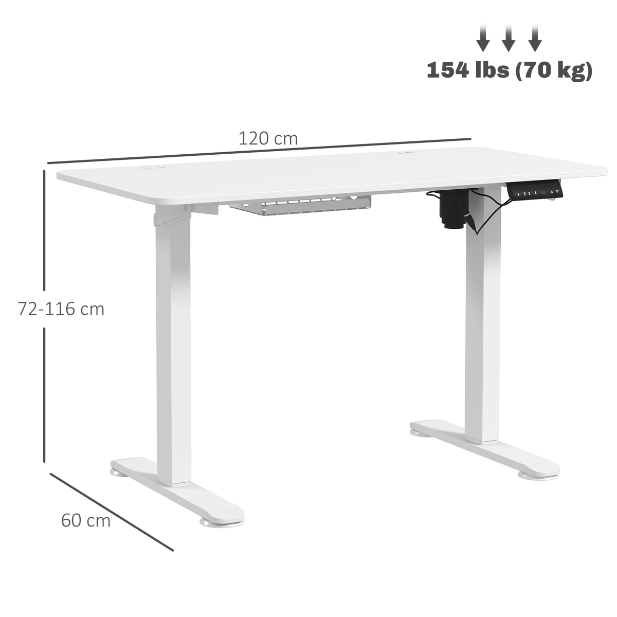 Vinsetto Electric Standing Desk with 4 Memory Presets, 72-116cm, 120x60cm, White