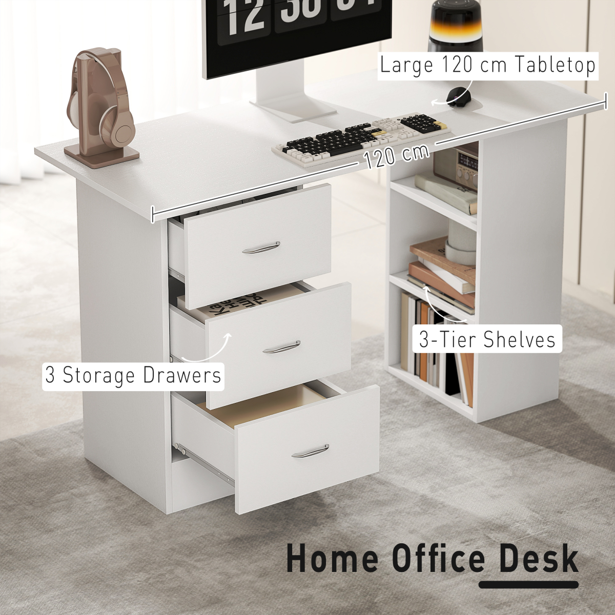 HOMCOM 120cm White PC Desk with 3 Shelves & Drawers