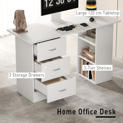 HOMCOM 120cm White PC Desk with 3 Shelves & Drawers