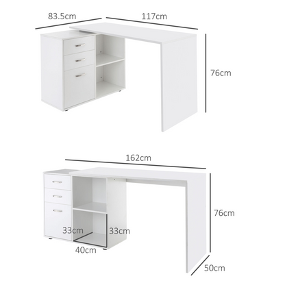 White Convertible L-Shape Desk with Drawers & File Cabinet