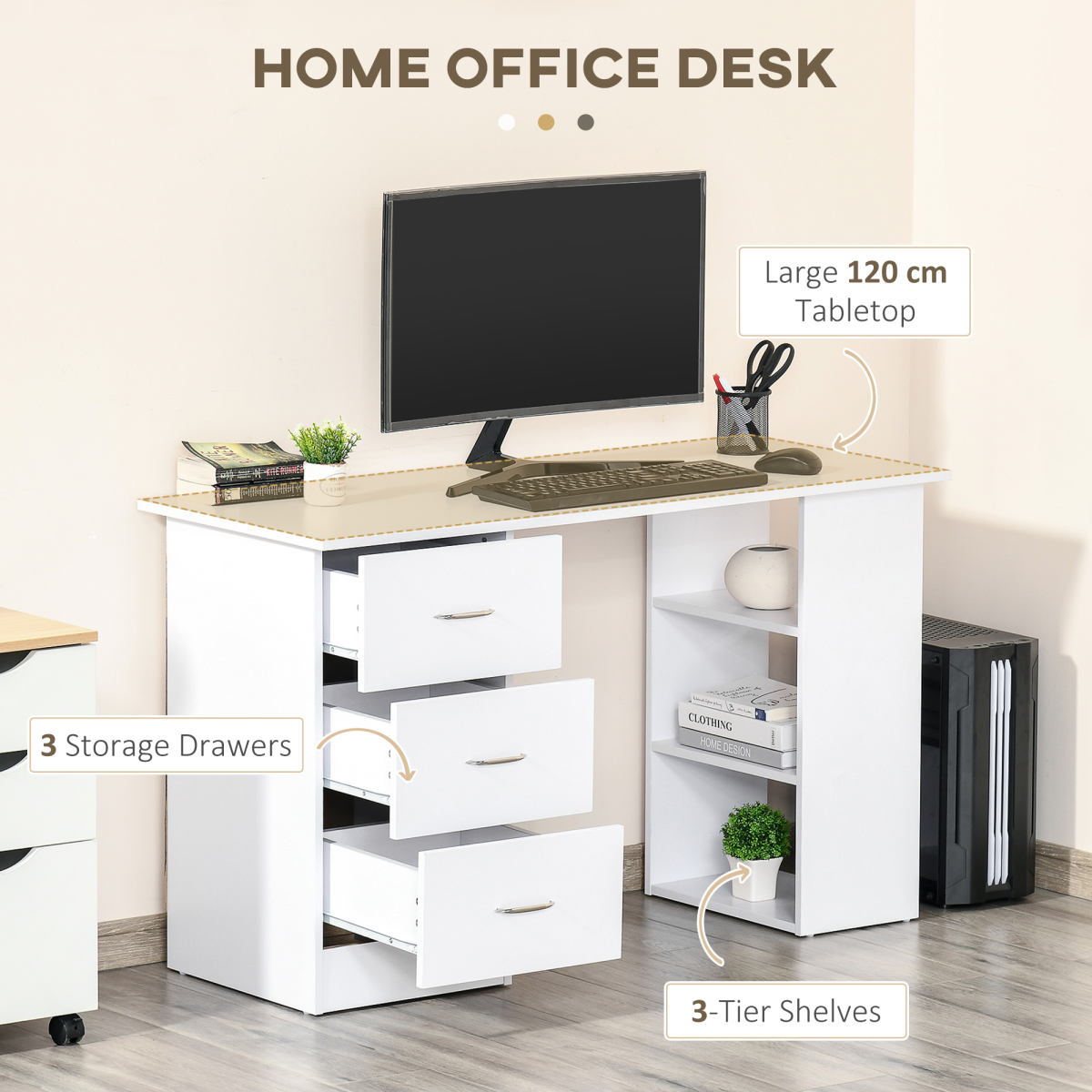 120cm White Computer Desk with 3 Shelves & Drawers - PC Table