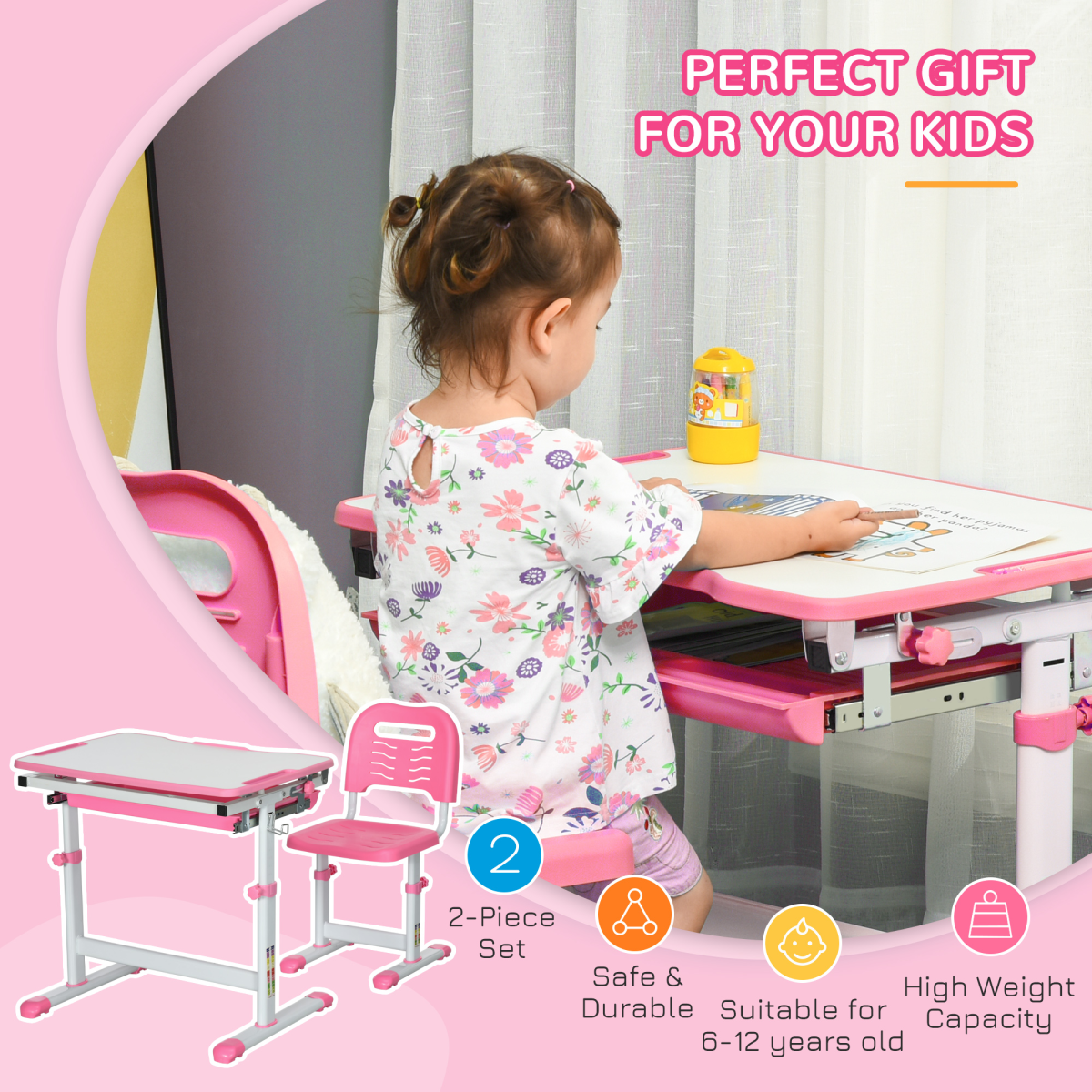 Pink Adjustable-Height Kids Desk & Chair Set with Drawer & Pen Slot