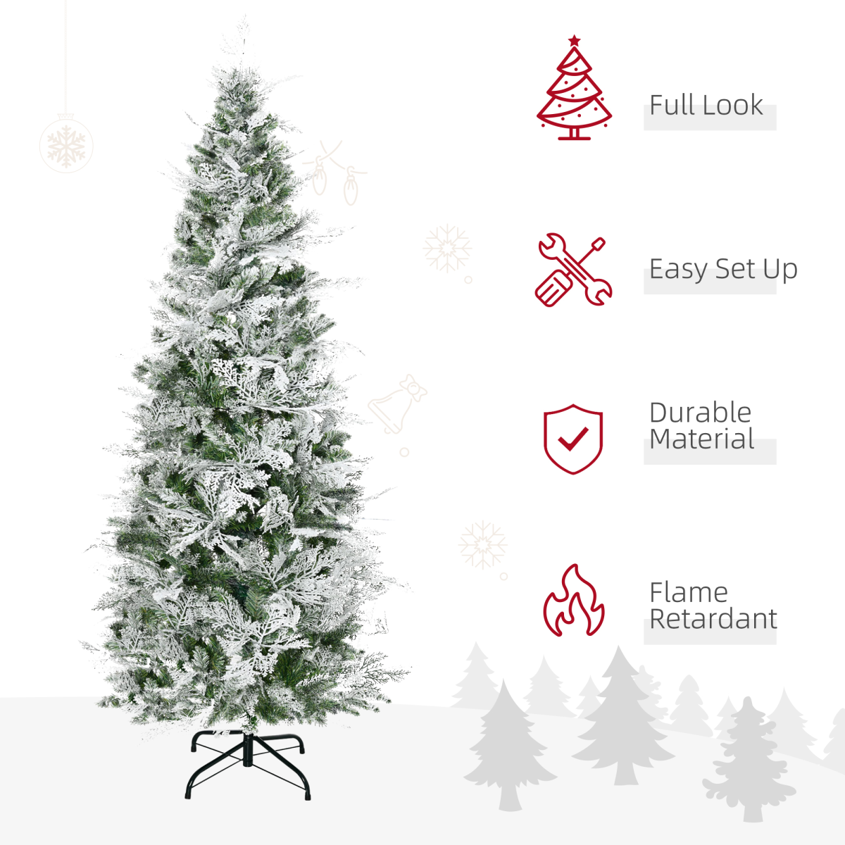 6ft HOMCOM Snow-Flocked Pencil Christmas Tree - Flame-Retardant PVC, Metal Base