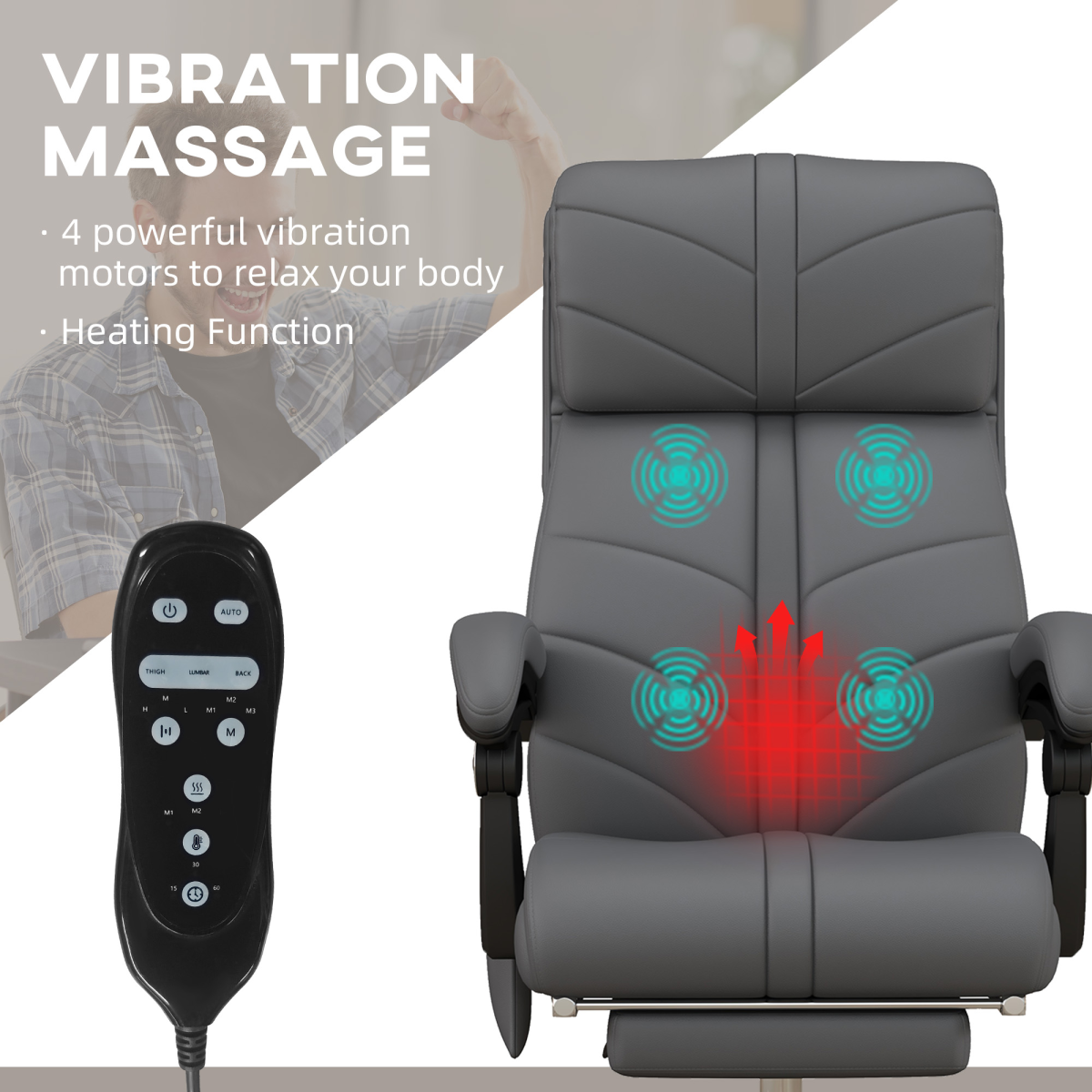 Vinsetto PU Leather Vibration Massage Office Chair with Heat, Footrest, Grey