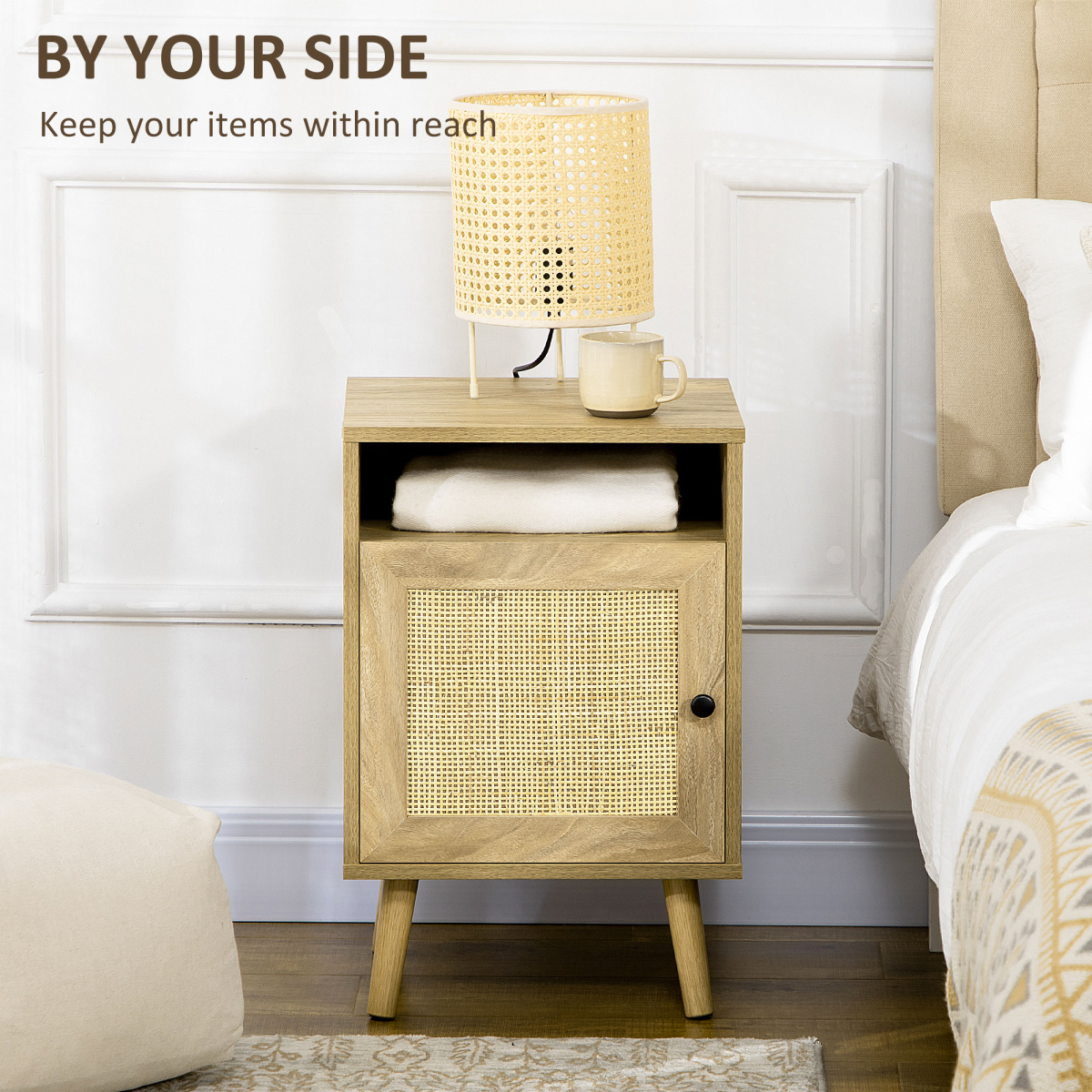 HOMCOM Nightstand, Rattan Bedside Table w/ Cabinet, Shelf, Natural
