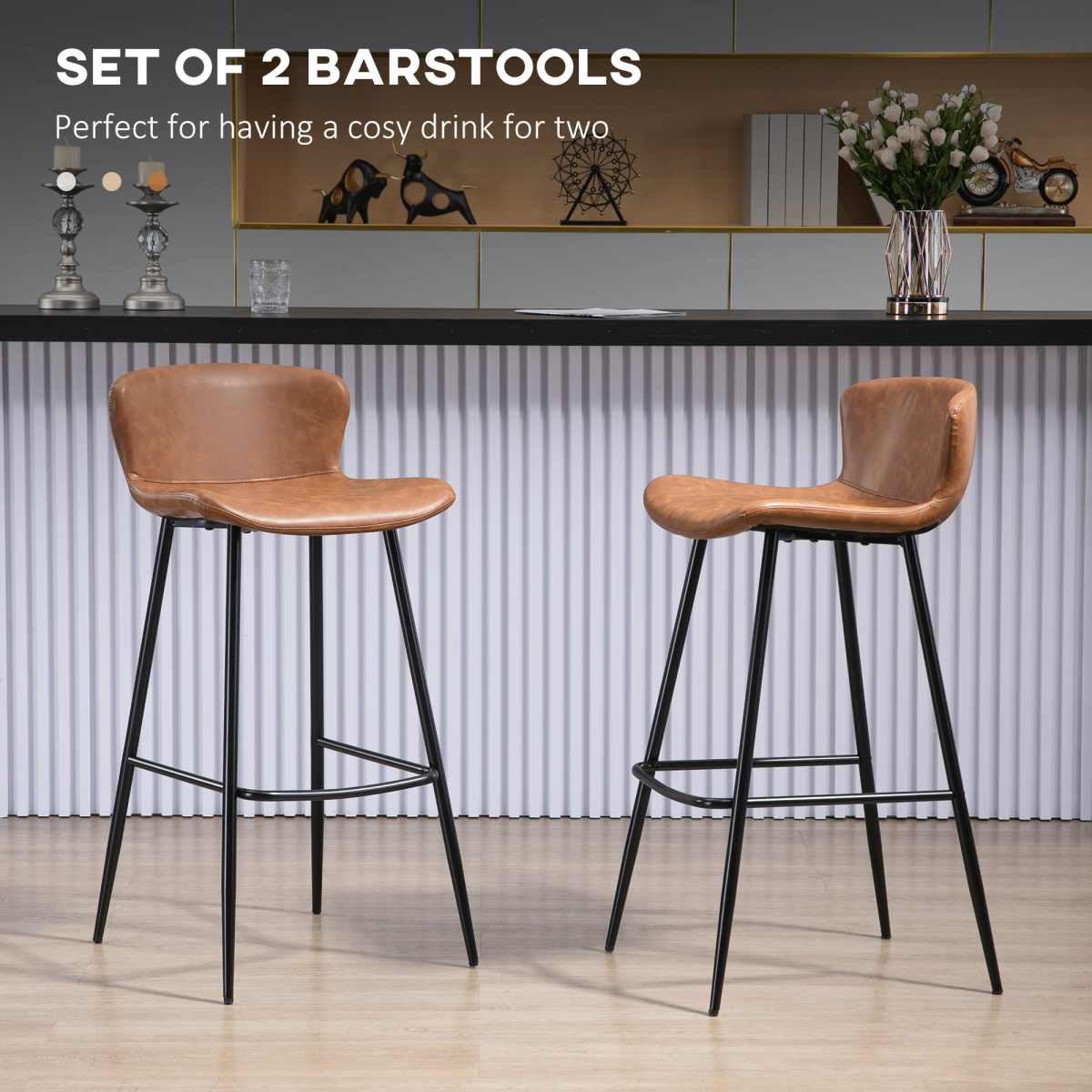 HOMCOM Bar Stools Set of 2, PU Leather Bar Chairs with Back and Steel Legs