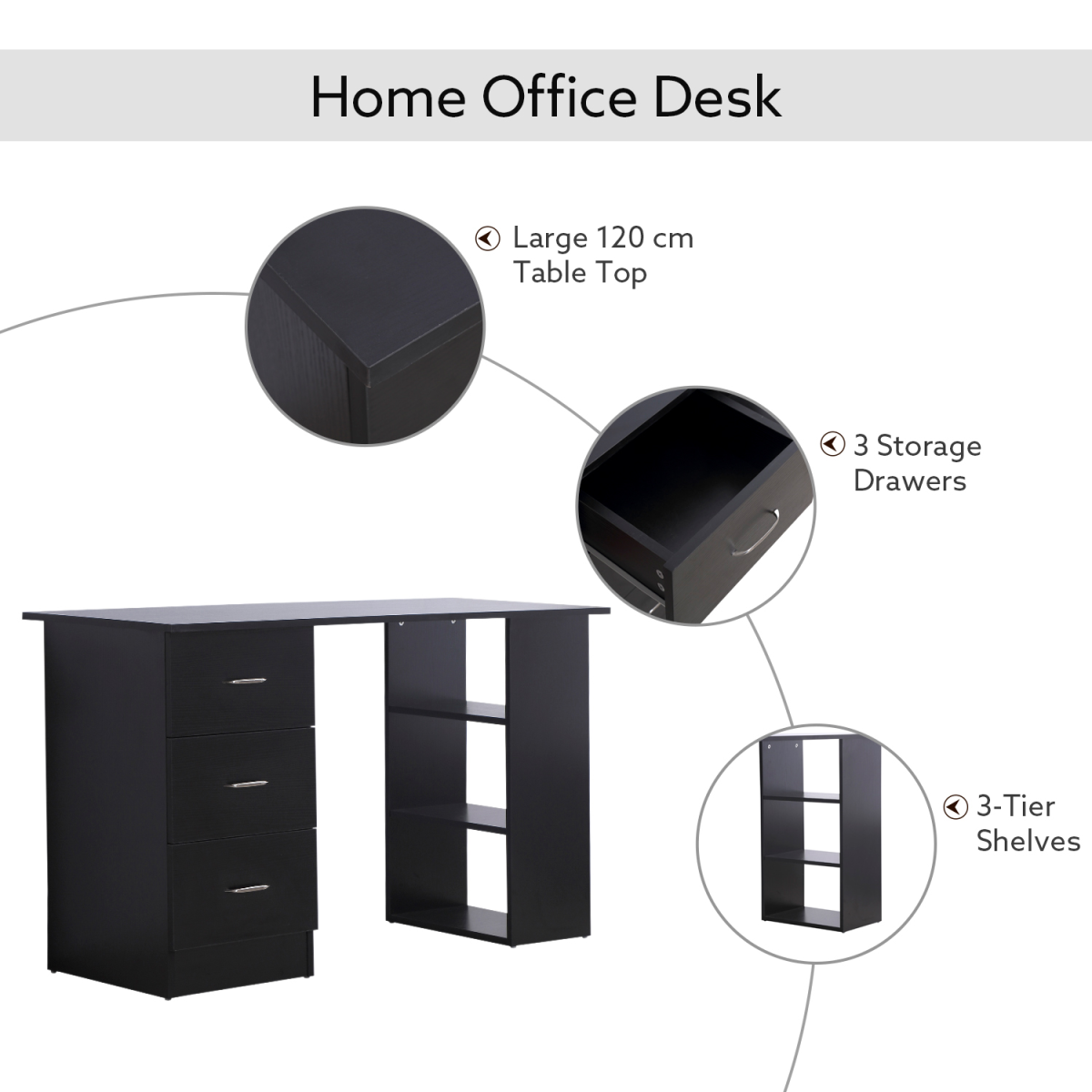 120cm Black Computer Desk with 3-Shelf Storage & Drawers