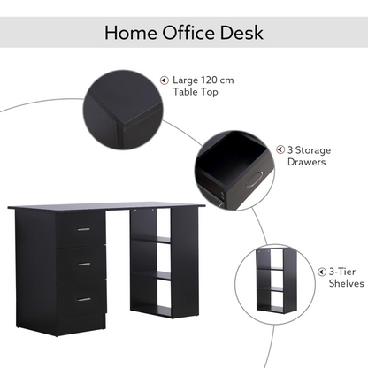 120cm Black Computer Desk with 3-Shelf Storage & Drawers