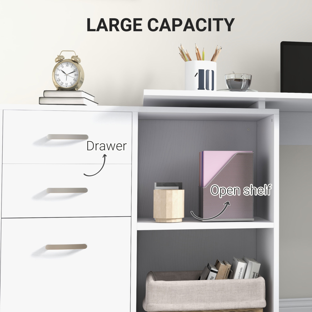 White Convertible L-Shape Desk with Drawers & File Cabinet