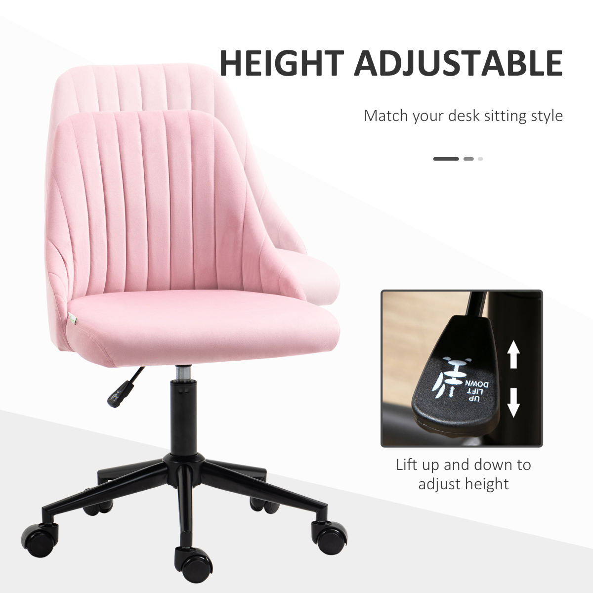 Vinsetto Velvet Office Chair with Adjustable Height and Wheels, Pink