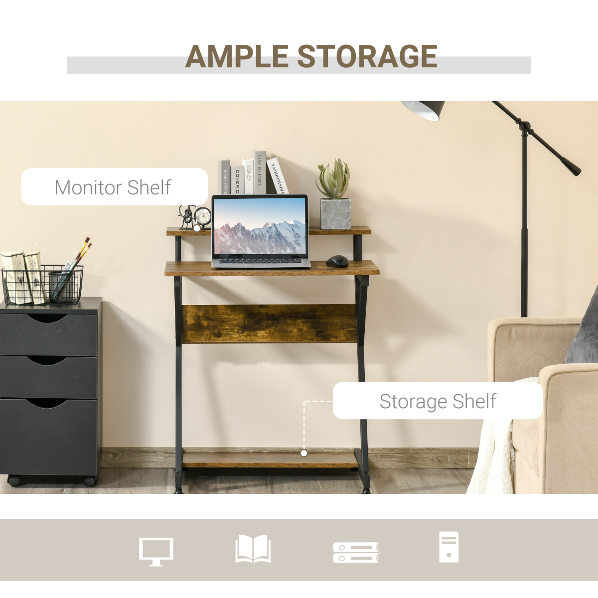 R-Shaped Brown Computer Desk with Monitor Shelf, Storage & Z-Frame