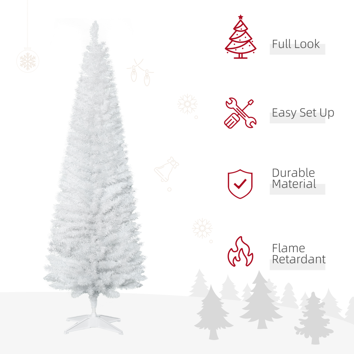 1.8m (6ft) White Pencil-Slim Artificial Christmas Tree, 390 Tips