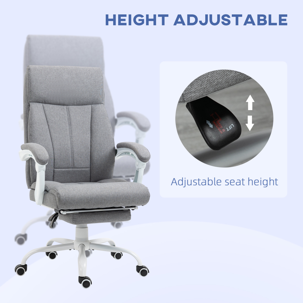 Vinsetto Fabric Office Chair for Home with Arm, Foot Rest, Wheels, Grey