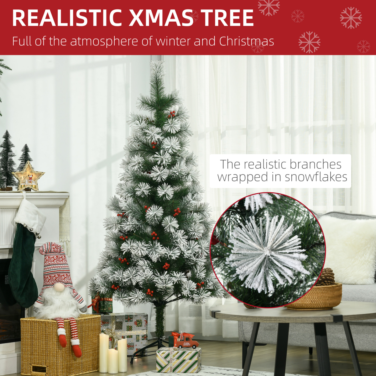 5ft Indoor Artificial Xmas Tree with Berry Decor, 184 PET Tips & Metal Stand