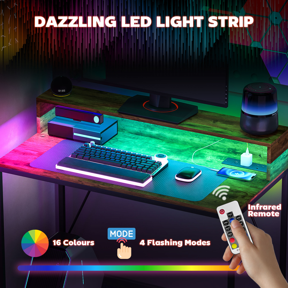 HOMCOM LED Lighted Computer Desk with Shelf - Remote & Rustic Brown