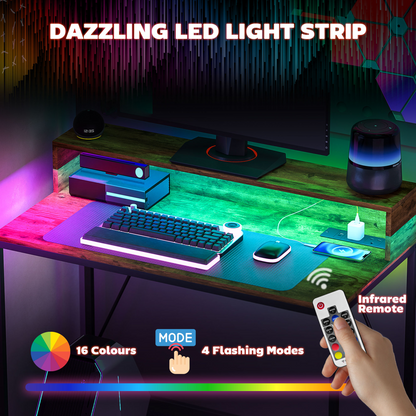 HOMCOM LED Lighted Computer Desk with Shelf - Remote & Rustic Brown