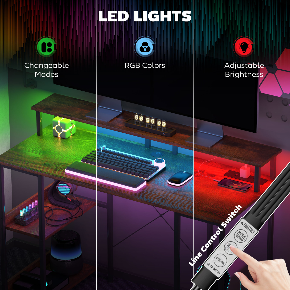 HOMCOM Rustic Brown Reversible Computer Desk with Storage & Monitor Stand