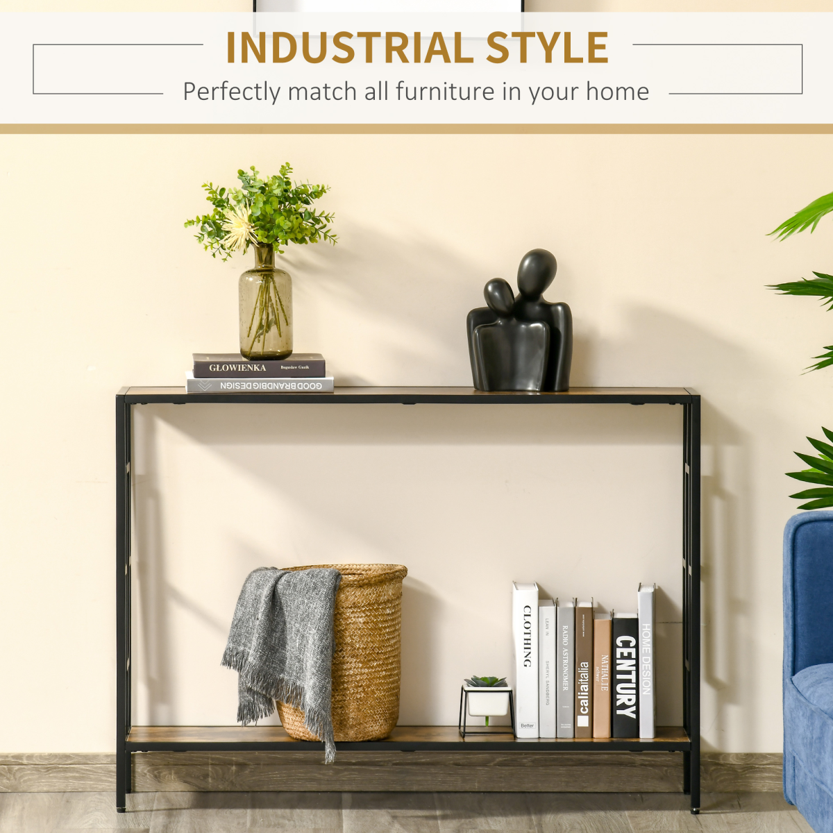 Industrial Console Table with Metal Frame - Rustic Brown/Black, 2 Shelves