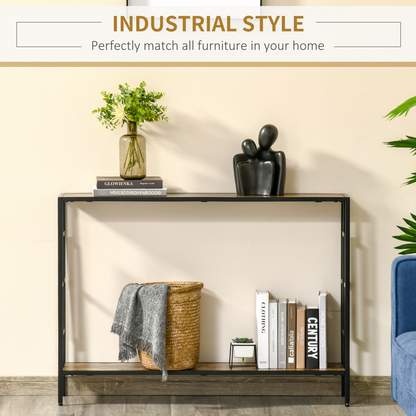 Industrial Console Table with Metal Frame - Rustic Brown/Black, 2 Shelves