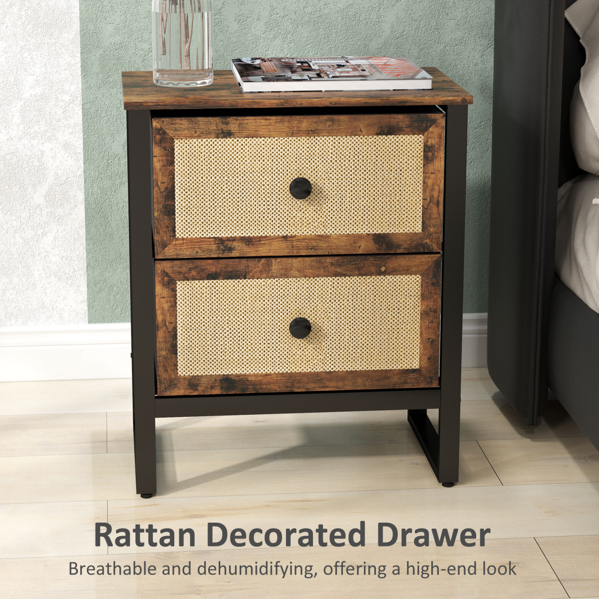 HOMCOM Bedside Table with 2 Rattan Drawers and Steel Legs, Rustic Brown