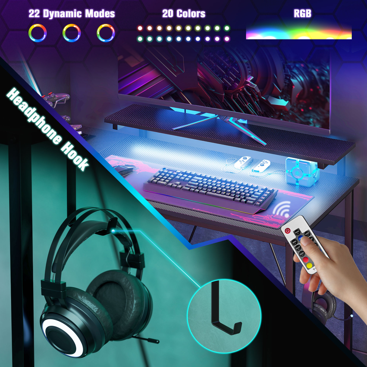 HOMCOM L-Shaped Gaming Desk with LED Lights & Built-in USB/Outlets