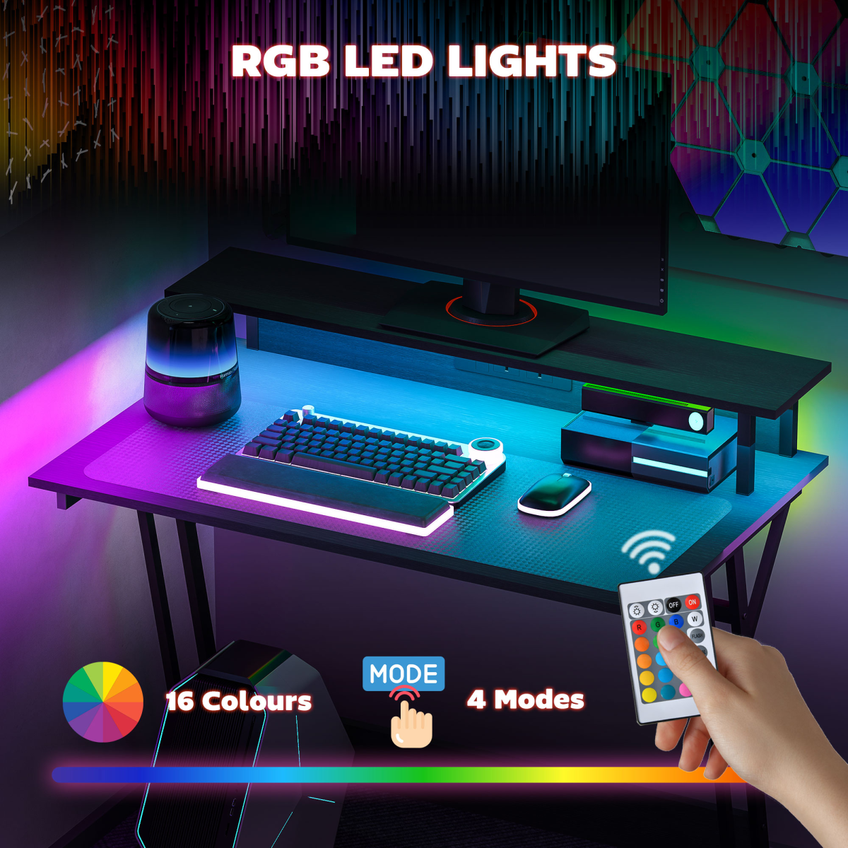 HOMCOM LED Gaming Desk with RGB Lights, Power Outlets & Monitor Stand 100x60cm