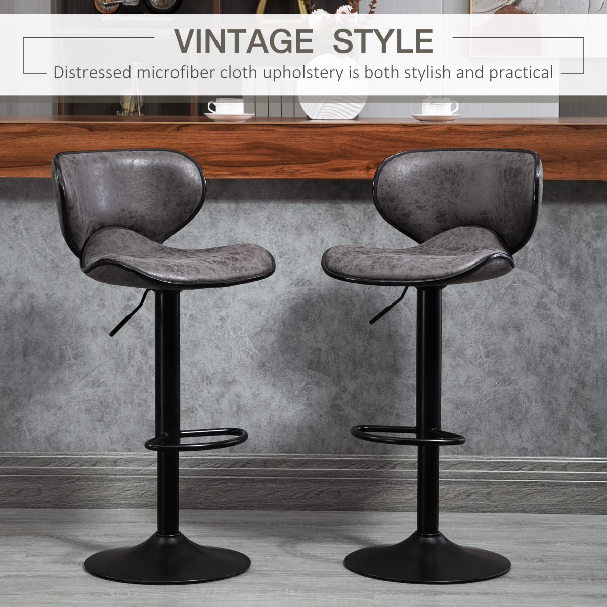 Vintage Bar Stool Set of 2 PU Leather Adjustable Height Armless Chairs