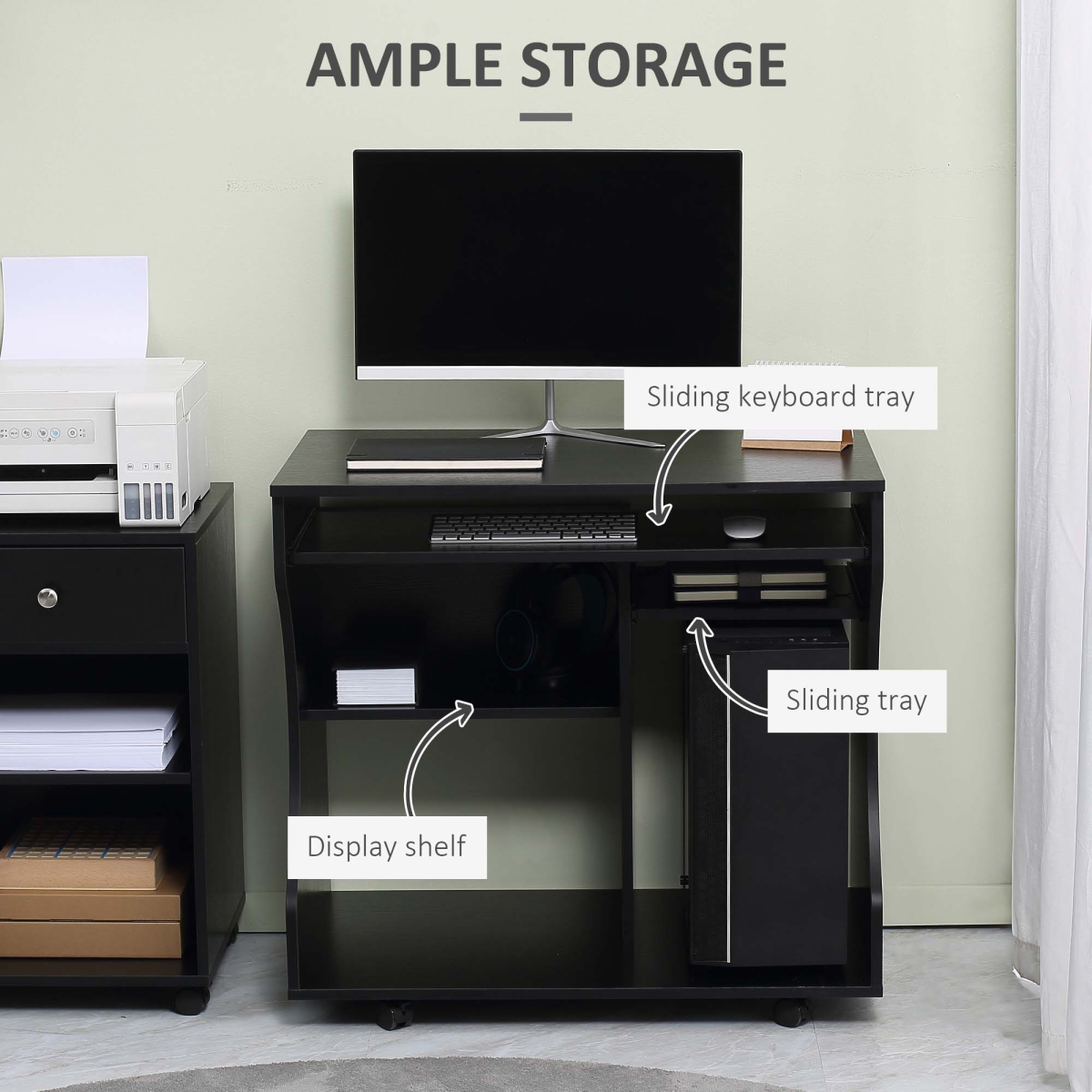 HOMCOM Wheeled Computer Desk with Sliding Keyboard Tray, Black